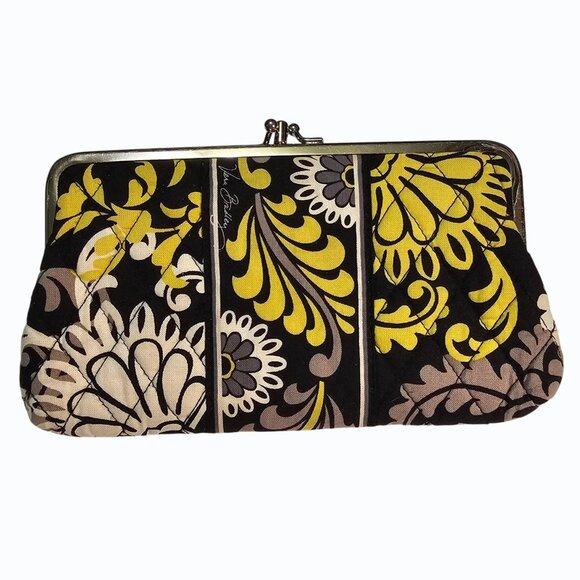Vera Bradley Retired Baroque Black Yellow White Double Kiss Lock Wallet Clutch - Picture 1 of 13